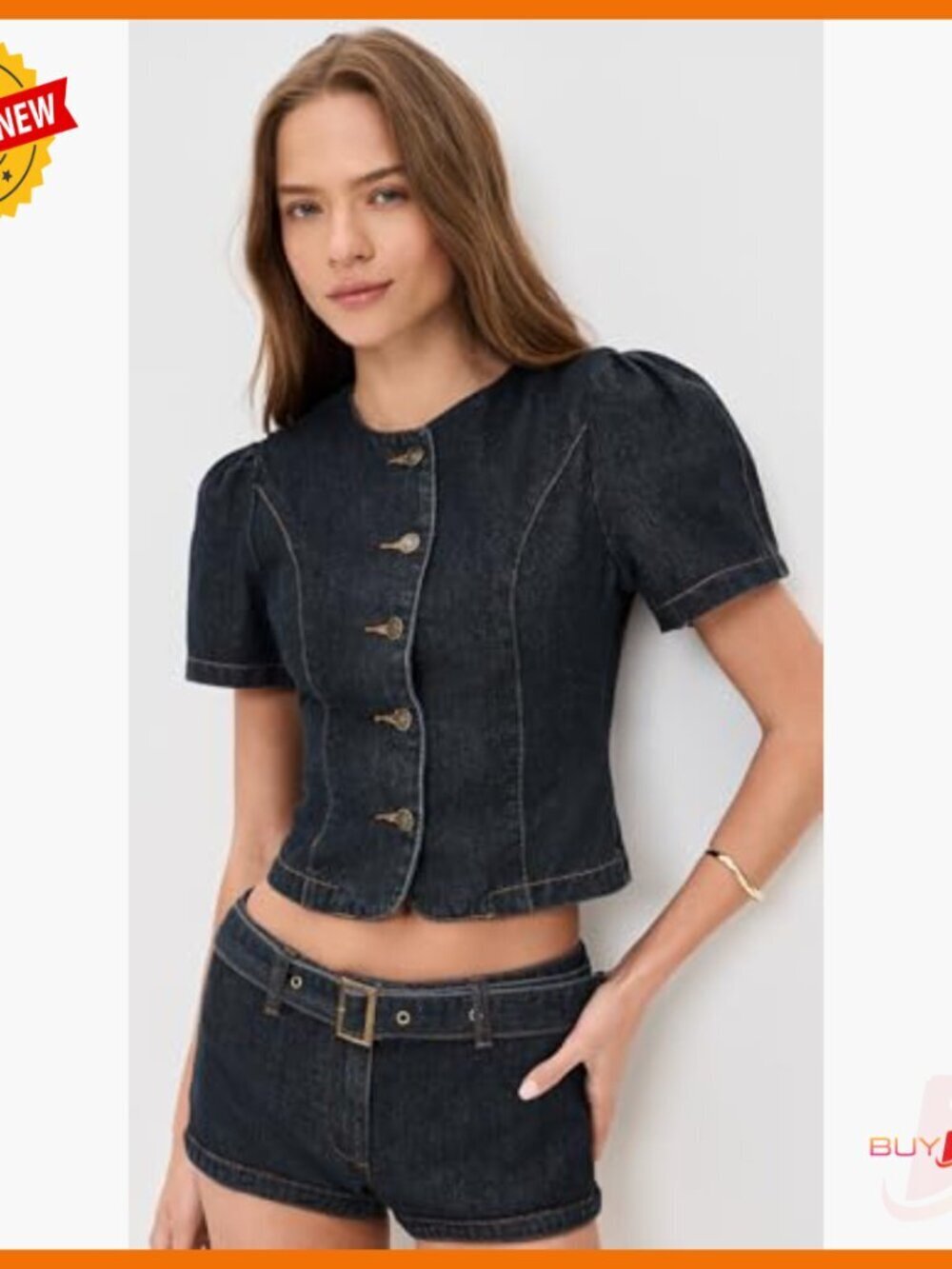 Denim Blouse with Puff Sleeves, Button Placket, Standard Length - Picture 2 of 6